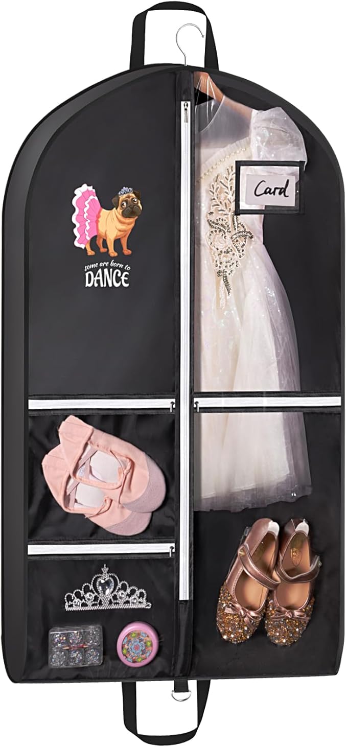 Univivi Dance Garment Bags for Dancers, 3" Gusseted Garment Bags for Dance Costumes with 5 Pockets, 40" Dance Garment Bag with Puppy Pattern for Dance Competitions and Travel (Black)