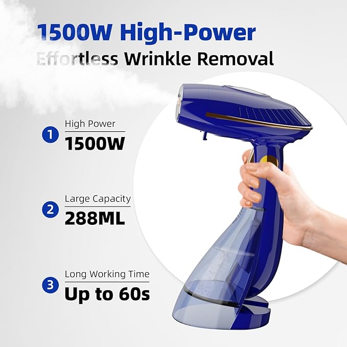 Handheld Steamer for Clothes, 1500W Steam Iron with 168ml/288ml Adjustable Tanks, Vertical/Horizonal Steaming & Ironing, Lightweight, Auto-off, DJ-1009