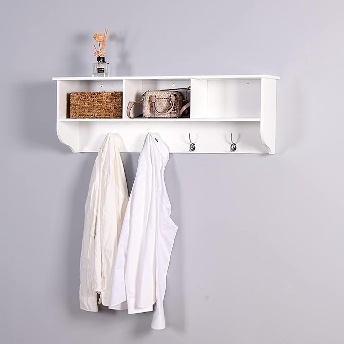 Elegant White Wooden Wall-Mounted Coat Rack with Shelf - Entryway Organizer with 4 Dual Hooks - Modern Storage Display for Home Decor, Plants, Photos - MDF Construction - 39"x8"x14"