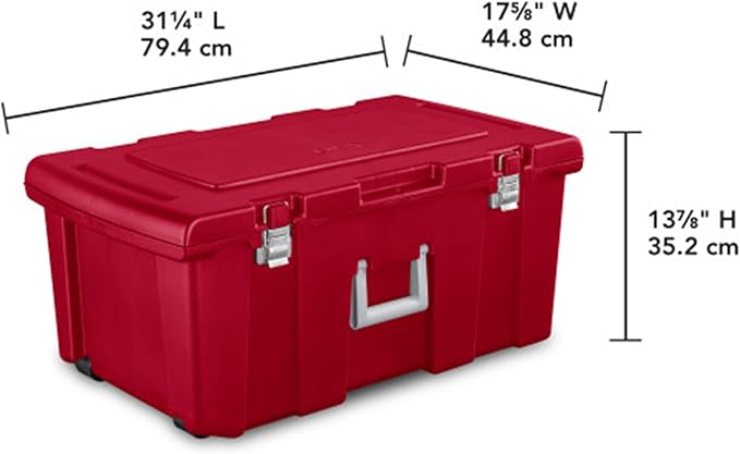 Sterilite Wheeled Footlocker, Lockable Plastic Utility Storage Bin with Lid, Red - Heavy-Duty Organizing Containers for Home, Office, Garage, and Basement