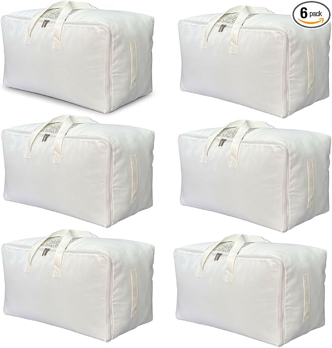 Soft Canvas Clothes Storage Bags with Four Carrying Handles and Clear Window, Closet Organizer for Clothing, Blankets Sheets Pillows and Bedding, 55L, 6 Pack, White