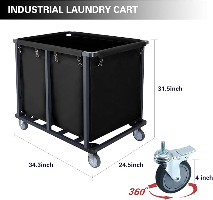 Commercial Laundry Cart with Wheels,600 lbs Heavy Duty Industrial Laundry Cart with Steel Frame and Oxford Cloth Bag,Commercial Laundry Basket for Home,Hotel,Housekeeping,400L(Black)