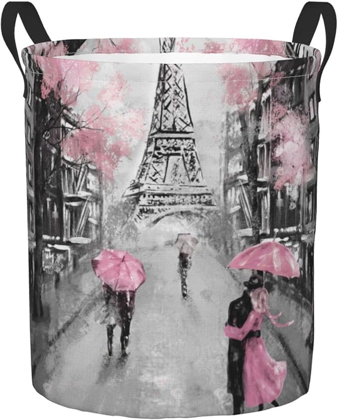 Dujiea Eiffel Tower Pink Lovers in Paris Laundry Basket Round with Handle, Collapsible Foldable Canvas Storage Bin Dirty Clothes Bag for Laundry/Toys Organizer/College Dorm/Nursery/Decor(2 Sizes)