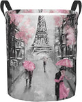 Dujiea Eiffel Tower Pink Lovers in Paris Laundry Basket Round with Handle, Collapsible Foldable Canvas Storage Bin Dirty Clothes Bag for Laundry/Toys Organizer/College Dorm/Nursery/Decor(2 Sizes)