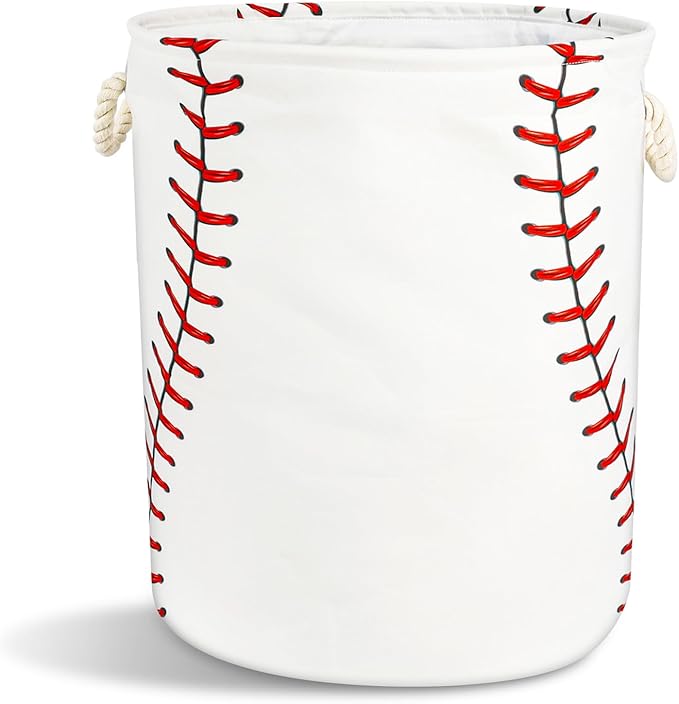 Baseball Texture Laundry Basket with Handles Collapsible Laundry Hamper Waterproof Toy Organizer Funny Dirty Clothes Hamper for College Dorm Bathroom Bedroom