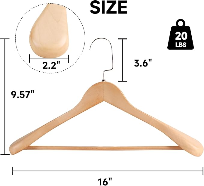 16-Inch Wooden Suit Hangers with Non Slip Pants Bar, 2-Pack Wood Extra-Wide Shoulder Hangers, Flat-Head Hook Hangers for Suits, Coats, Jackets, Shirts, Pants, and Heavy Clothes (Natural Wood)