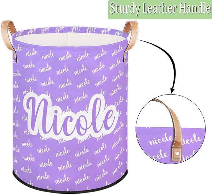 Custom Name Purple Laundry-Hamper, Personalized Kids-Clothes-Hamper Foldable with Name, Customized Storage Basket with Handles Waterproof Gift for Boys Girls Baby Women