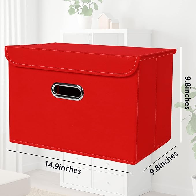 STOREONE Fabric Storage Cube Bins Foldable Organizer Container Collapsible Basket with Lids and Metal Handles, for Home, Bedroom, Closet 6 Pcs (Red)