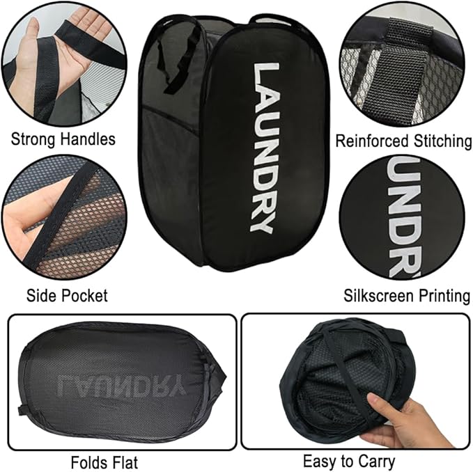 Pop Up Laundry Hampers, Collapsible Mesh Laundry Baskets, 2 Pack Black Clothes Hampers Storage Baskets for Home, Dorm, Travel