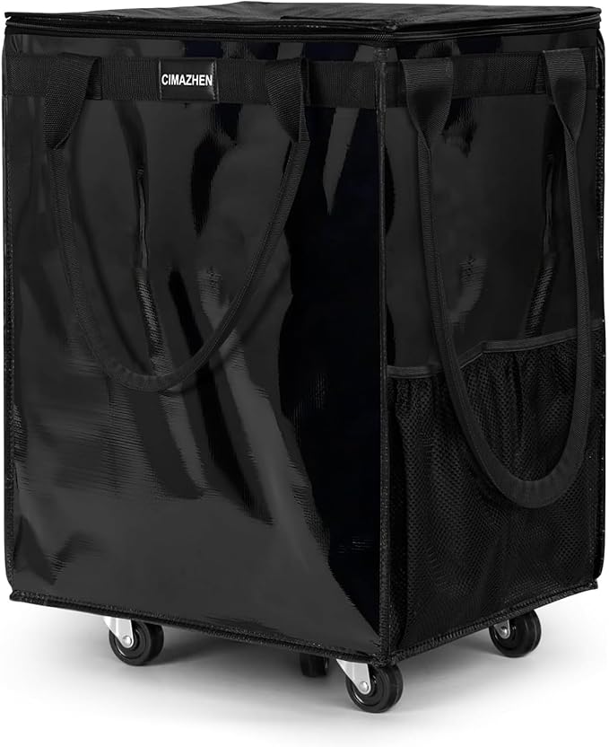 (Large,Black) Reusable Grocery Bag on Wheels, Foldable Rolling Tote Bag with 3 Handles and Zipper, Storage Organizer for Clothes & Groceries, Rolling Shopping Cart for Trips, 86lb