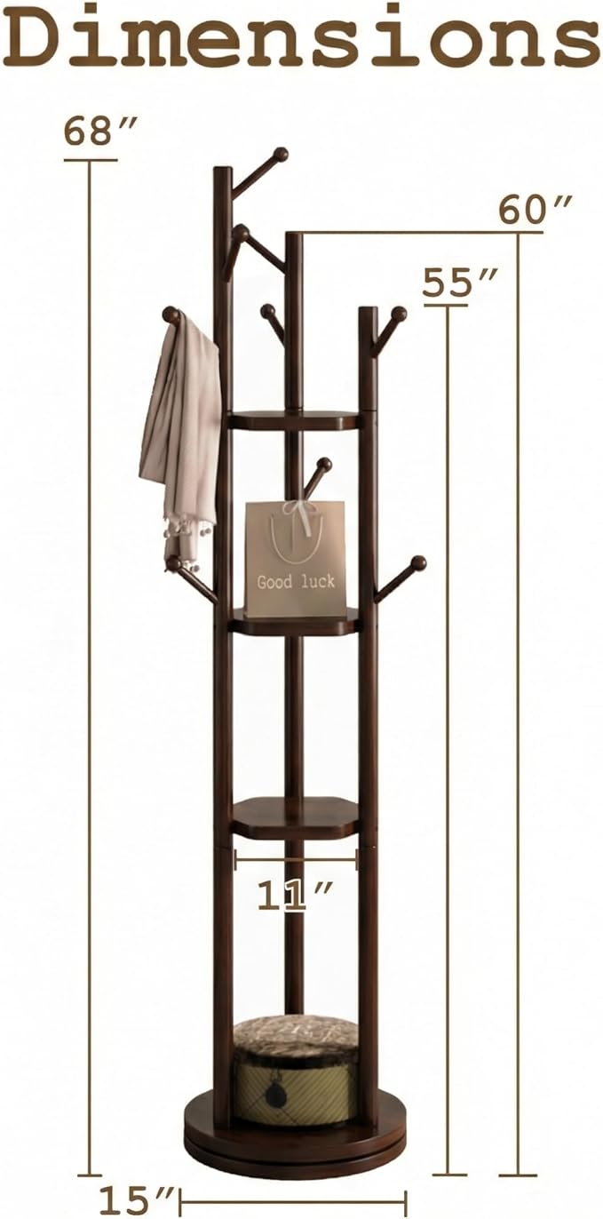 Solid Wood Coat Rack Freestanding, Rotating Coat Rack with 3 Shelves and 9 Hooks, Coat Tree for Bedroom, Entryway, Livingroom, Coat Hanger Stand for Coats, Scarves, Handbags (Brown)