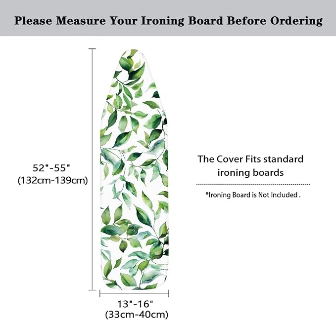 Green Leaves Ironing Board Cover Standard Size 15 x 54 Stain Resistant Fasteners Elastic Edge Ironing Cover