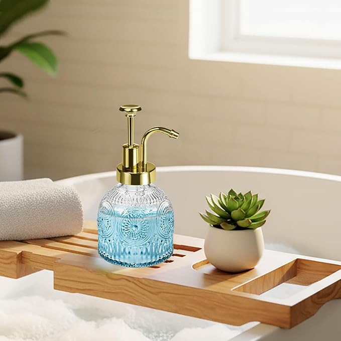 SheeChung Vintage Soap Dispenser, Kitchen Dish Soap Dispensers with Pump Mat, Glass Hand Soap Dispenser for Bathroom, Liquid, Lotion, Refillable, Rustic Farmhouse Decor-Clear (Gold Pump, 2 pk)