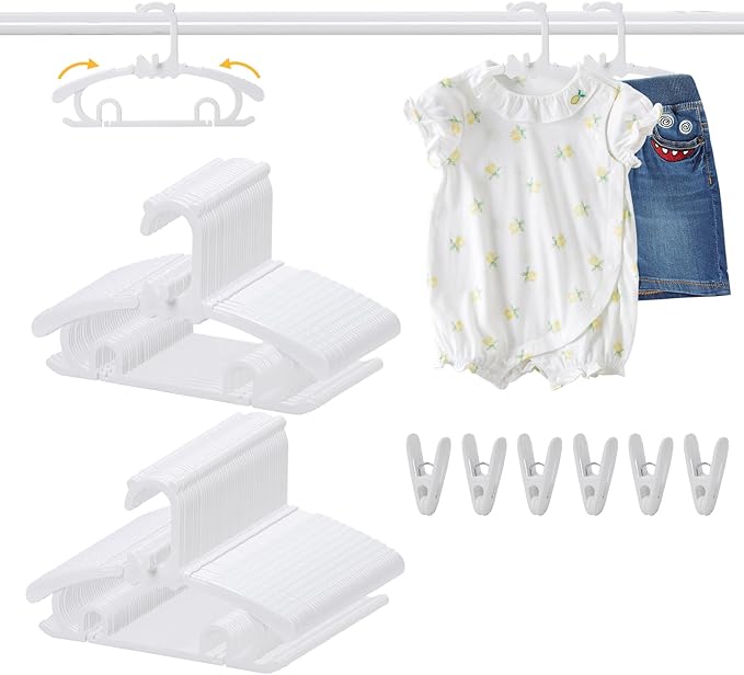 80 Pack Baby Clothes Hangers with 32 Clips, 11-15 inch Adjustable Kid Hanger, Multifunctional Children Hanger for Girl Boy Toddler Kids Child(White)