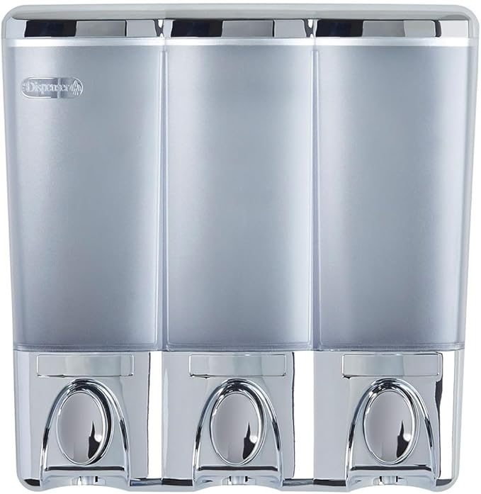 Better Living Clear Choice Shower Dispenser 3 Chamber, Wall Mount Shower Soap Pump Dispenser for Bathroom Hotel Body Wash, No Drill Adhesive, Waterproof Dispenser, 3 x 14.2 oz, Chrome