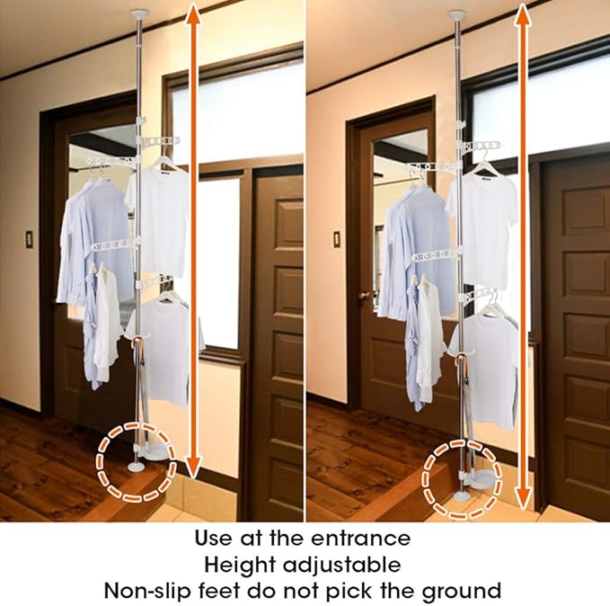 BAOYOUNI Adjustable Corner Coat Rack Stand Entryway Hall Tree Hat Jacket Hanger Hooks Floor to Ceiling Holder Organizer for Clothes, Purse, Scarves, Handbags, Umbrella, Plants - Ivory