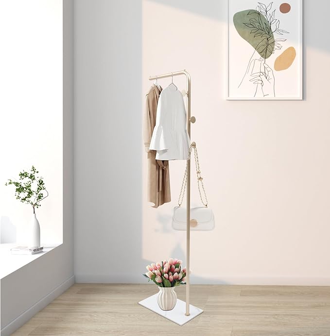 67in-Boutique Retail Display Clothing Garment Rack with Storage Base and Hooks, Heavy Duty standing Coat Rack Hanging Clothes, Bags, Hat and Shoes for Entryway Bedroom Clothing Stores