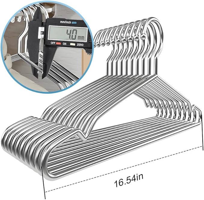 Koja Premium 16.5 inch 304 Stainless Steel 4.0mm Clothes and Coat Hangers, Heavy Duty Metal Hangers, Non-Slip, Space-Saving, Durable Closet Organizer for Shirts, Jackets, Suits, Pants 10-Pack