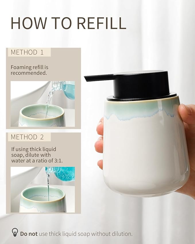 BosilunLife Foam Hand Soap Dispenser - 12 oz Bathroom Hand Pump Dispenser Foaming Soap Dispenser Ceramic Dish Wash Dispenser for Kitchen, White with Blue-Green Rim