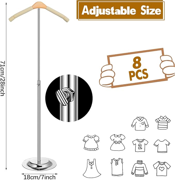 Huaerle 8 Pcs T Shirt Display Stand for Child Adjustable Clothes Rack Display Flexible Shoulder Stand Portable Clothes Hanger Clothing Hanging Rack for Garment Coat Retail Vendor, Height 16-27.9In