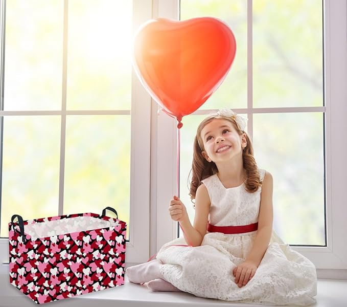 Sanjiaofeng Rectangular Valentine's Day Basket Love Storage Bins,Girls Storage Basket with Handles.Clothers,Books,Kid's Gifts Bins. (Black red heart)