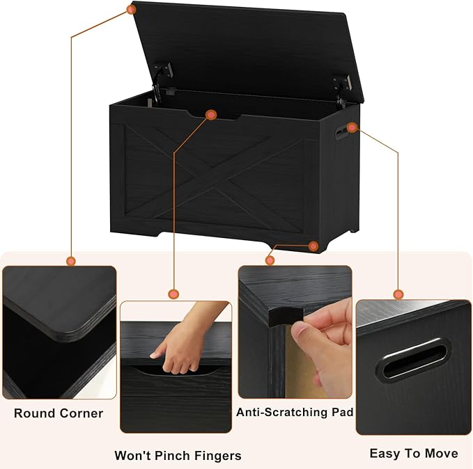 Storage Chest, Wooden Storage Bench, Entryway Shoes Bench with 2 Safety Hinges, for Living Room, Bedroom, 15.7 x 31.5 x 18.9 Inches, Black