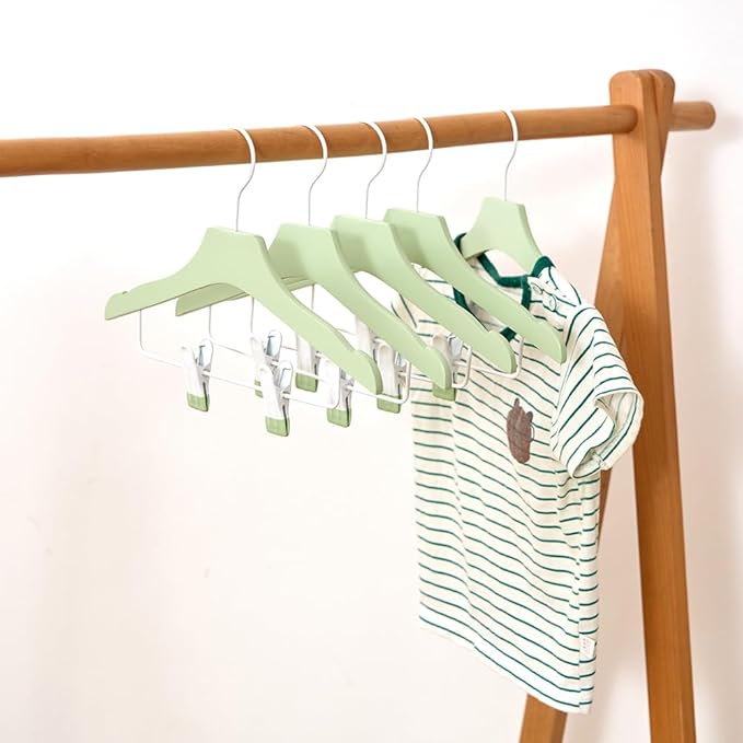Green 12.7" Ultra-Thin Wooden Children Closet Clothes Clips Hangers 20PCS Wood Baby Kids Coat Hangers for Infant Toddler Newborn Jumpsuit Pants Skirts Jeans Space Saving Heavy Duty Durable