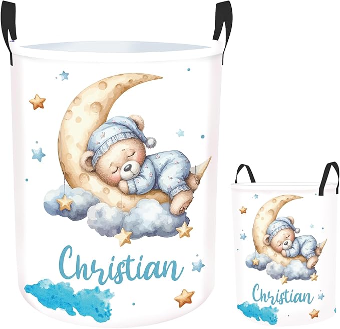 Personalized Baby Boys Laundry Basket for Nursery Bathroom Bedroom, Custom Bear Baby Laundry Hamper with Name and Handles, 2 Sizes Customize Baby Clothes Hamper for Girls Adults
