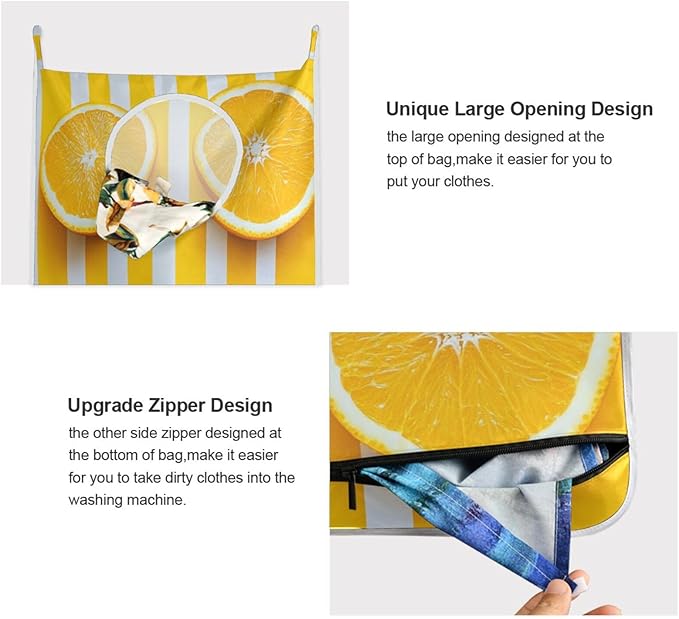 Hanging Laundry Hamper Over the Door with Stainless Steel Hooks Rack Dirty Clothes Wall Mounted Hamper Basket Bag 29.5X20inch Yellow Orange Fruit