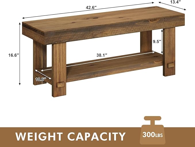 Solid Wood Entryway Bench - 42.6" Farmhouse Long Storage Benches, Narrow Bench Seat for Indoor, Entryway, Dining Room, Living Room, Bedroom and Hallway, Rustic Natural