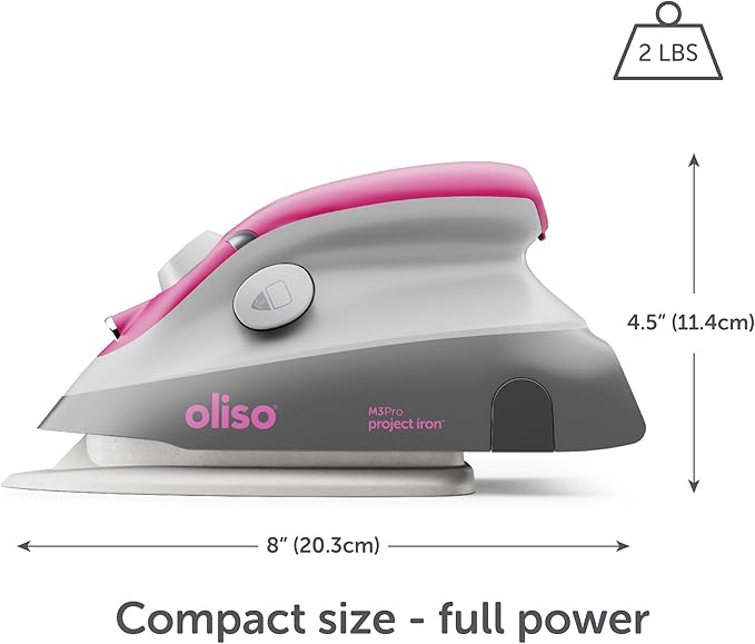 oliso M3Pro Project Steam Iron with Solemate – 1000W Ceramic Soleplate Iron and LED Light for Sewing, Quilting, Crafting, and Travel – Raspberry