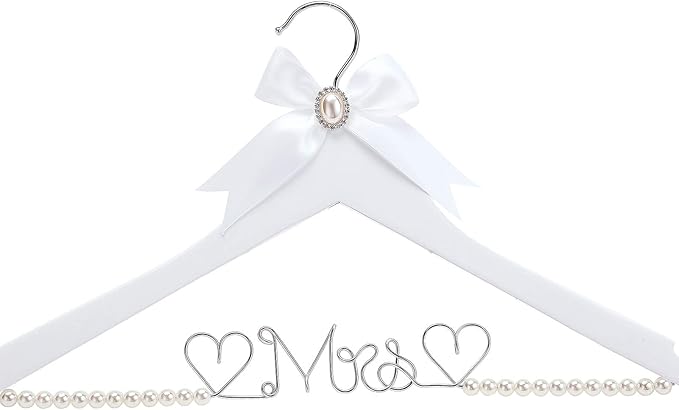 White Solid Wood Bridal Dress Hanger with Lady Wire Lettering for Bridal Wedding Party Gift (Pearl Silver Thread and White Hanger)