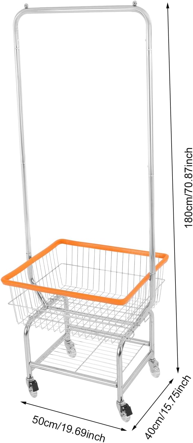 Laundry Cart,Steel Wire Laundry Cart,Laundry Basket With Wheels,Commercial Laundry Basket Cart Heavy Duty with Rod Rack 19.69x15.75x70.87in (D)