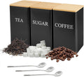 3 Pcs Tea Coffee Sugar Canisters, Black Metal Canister Storage Jar Container Set, Food Storage With 3 Spoons, Rust Resistant Powder Coated Iron Caddies for Kitchen Worktop Organizer (Black)