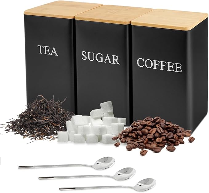 3 Pcs Tea Coffee Sugar Canisters, Black Metal Canister Storage Jar Container Set, Food Storage With 3 Spoons, Rust Resistant Powder Coated Iron Caddies for Kitchen Worktop Organizer (Black)