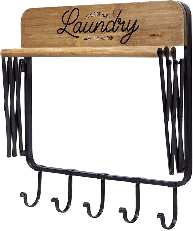 SOFFEE DESIGN Accordion Laundry Rack, Retractable Wall Mounted Racks, 3 Bars & 5 Hooks for Drying Rack Hanging Towels Clothes Save Space Perfect for Laundry Room, Bathroom, Mudroom, Wall Decor