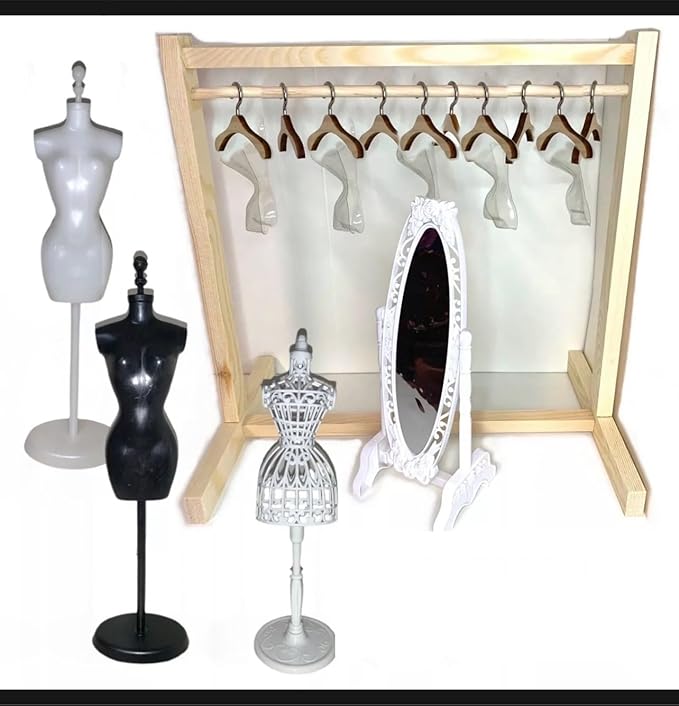 Eledoll DIY Dollhouse Furniture Clothes Hanger Rack Wooden Stand Wardrobe 1:6 Furniture with Hangers & Dressing Mirror for 11.5” 12” Fashion Doll Dress Form…