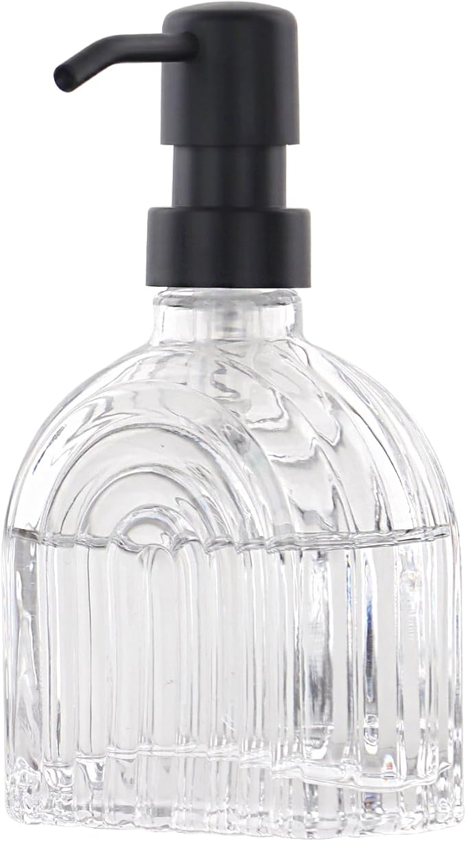 Glass Soap Dispenser for Kitchen and Bathroom Contertop Wash Hand Liquid, Dish Detergent, Farmhouse Style Shampoo Lotion Pump (1, Clear Glass with Black, 4" x 2"x 6-5/8")