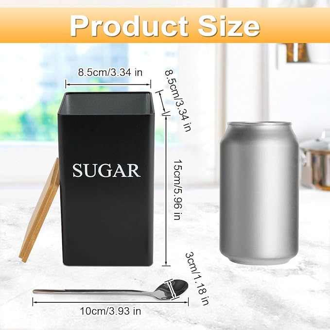 3 Pcs Tea Coffee Sugar Canisters, Black Metal Canister Storage Jar Container Set, Food Storage With 3 Spoons, Rust Resistant Powder Coated Iron Caddies for Kitchen Worktop Organizer (Black)