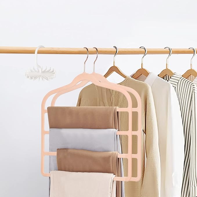 Tinfol Velvet Pants Hanger Space Saving with Hook, 6pc 4 Layers Non-Slip Jeans Hangers, Pink Multiple Clothes Hangers Closet Storage Organizer forJeans Scarf Towels Tie Towel