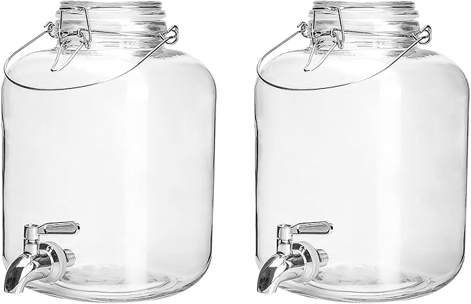 Glass Drink Dispenser for Parties, 1 Gallon Water Dispenser with Stainless Steel Spigot and handle,Glass Water Dispenser Countertop for Weddings, Lemonade & Laundry Detergent Dispenser (2Pack)