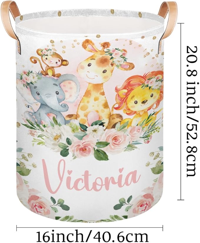 Personalized Laundry Basket, Custom Gift Laundry Hamper, Collapsible Nursery Waterproof Laundry Baskets, Dirty Clothes Toy Hamper with Handles Safari Animals Pink Floral