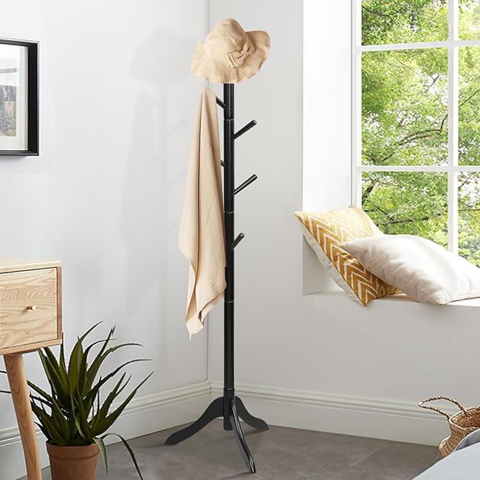 Tangkula Wooden Tree Coat Rack Freestanding, Entryway Coat Stand with 8 Hooks, Height Adjustable Coat Tree, Coat Hanger Stand for Home Office Hall Entryway