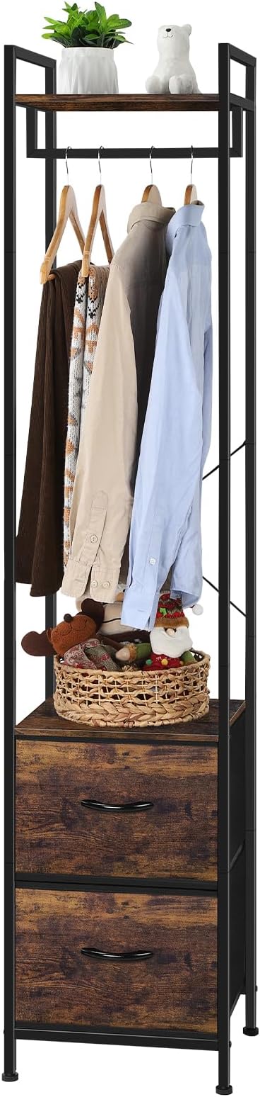 smusei Garment Rack 3 Tiers Clothes Rack Heavy Duty with Fabric Drawers and Storage Shelves Freestanding Closet Organizer Stand Small Coat Rack for Bedroom Entryway Living Room