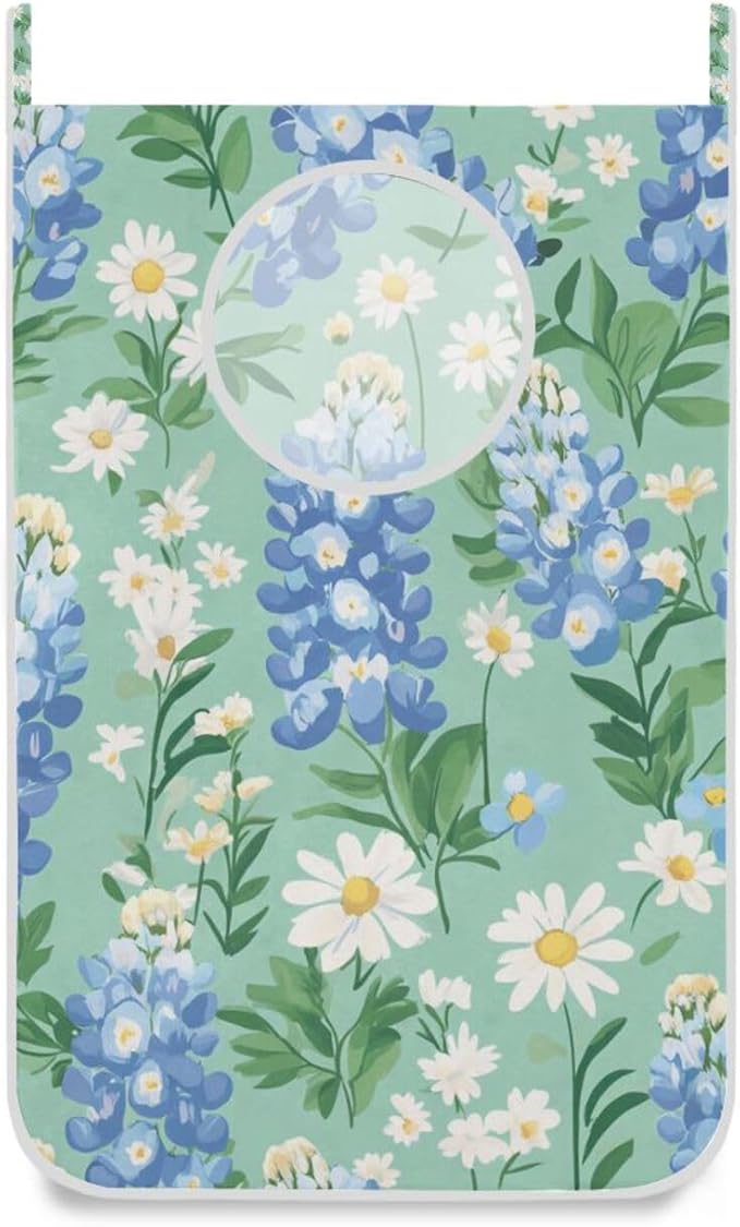 Mint Green Bluebonnet and Daisies Hanging Laundry Hamper Door Hampers Bag Basket with Stainless Steel Hooks Oxford Fabric Printing Decorative Clothes Bags 29.5X20inch 2Pack