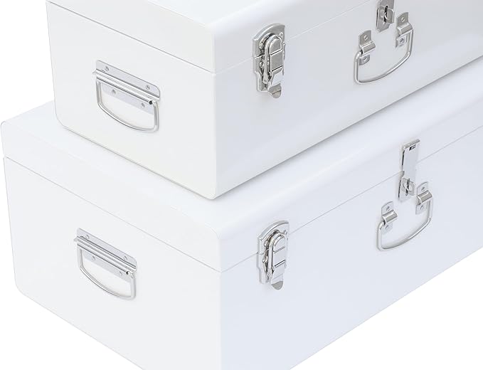 Vixdonos Decorative Large Metal Box Storage Trunk Chest Set of 2 College Dorm Organizer with Hardware Hasps and Handle for Home Deocr,23.7X14.2X9.5 Inches
