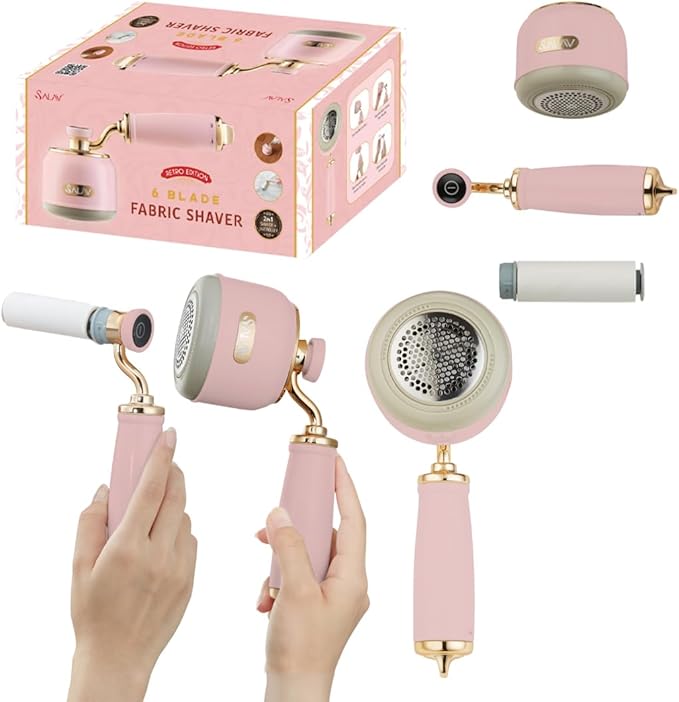 SALAV® Retro Edition 2-in-1 Rechargeable Fabric Shaver and Lint Roller, 6-Blade System, Removes Fuzz and Pilling on Fabrics, Includes Charging Cable (Rose)