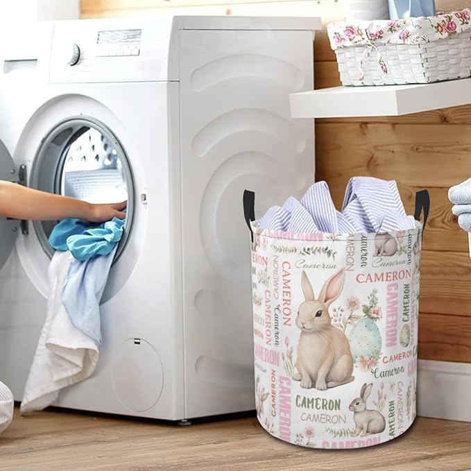 Bunny Laundry Basket,Personalized Laundry Hamper for Boys Girls,Custom Laundry Basket With Name, Customized Dirty Clothes Hamper for Bathroom Bedrooms,S-16.5"X 13.8"