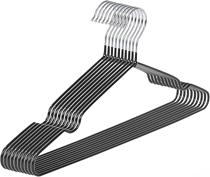 Ultra-Thin Metal Hangers, 10 Pack Non-Slip PVC Coated Space Saving Clothes Hangers for Closet, 16 inch Wide for Suits, Dresses, Jackets（Black）
