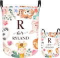 Custom Name Laundry Hamper Kids with Woodland Animals Print, Personalized Girl Laundry Basket for Nursery Bathroom, Customize Baby Name Laundry Baskets for Toddler Adults 2 Sizes